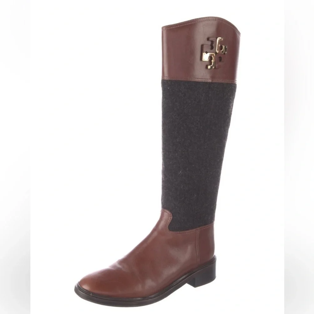Tory Burch Brown Leather & Charcoal Wool Over-the-Knee Boots